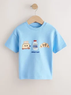 Next - T-shirt appliqué Manches courtes (3mths-7yrs) Trio petit-déjeuner bleu clair Sale
