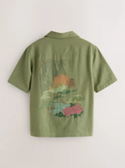 Next Vert - Chemise à manches courtes à imprimé japonais brodé à Texture