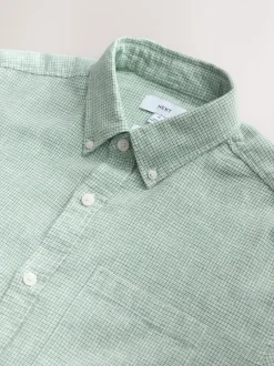 Next Vert - Col Classique - Chemise à manches courtes en lin et coton mélangés