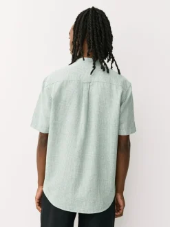 Next Vert - Col grand-père. - Chemise à manches courtes en lin et coton mélangés Online