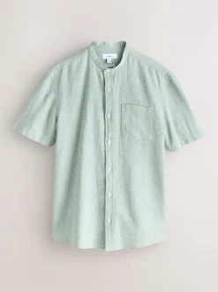 Next Vert - Col grand-père. - Chemise à manches courtes en lin et coton mélangés Online