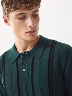 Next Vert - Polo en maille à manches longues, coupe classique, en coton riche à rayures Discount