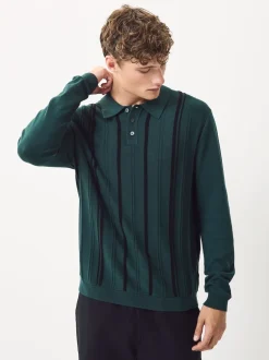 Next Vert - Polo en maille à manches longues, coupe classique, en coton riche à rayures Discount