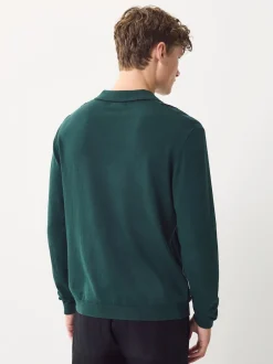 Next Vert - Polo en maille à manches longues, coupe classique, en coton riche à rayures Discount