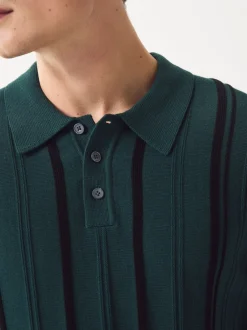 Next Vert - Polo en maille à manches longues, coupe classique, en coton riche à rayures Discount