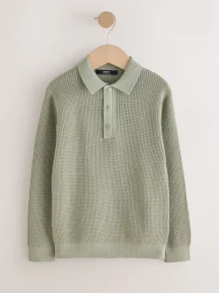 Next - Polo texturé à manches longues (3-16ans) vert Clearance