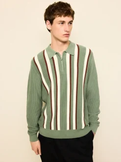 Next vert - Polos en maille à col zippé à manches longues coupe classique rayée Clearance