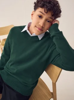 Next - Pull scolaire tricoté à col en V (3-16ans) Vert Sale