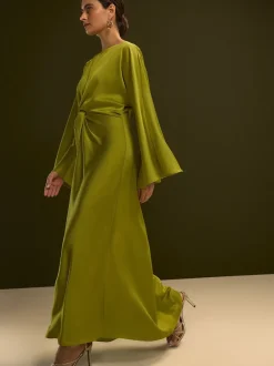 Next Vert citron - Robe longue en satin à manches longues torsadée sur le devant Discount