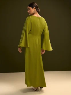 Next Vert citron - Robe longue en satin à manches longues torsadée sur le devant Discount
