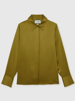 Reiss - Chemise Ameira à patte de boutonnage dissimulée en satin de soie Vert clair Clearance