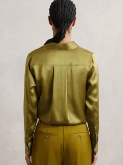 Reiss - Chemise Ameira à patte de boutonnage dissimulée en satin de soie Vert clair Clearance