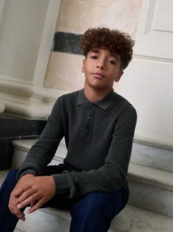 Next - Polo texturé à manches longues (3-16ans) vert foncé Best