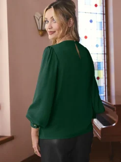 Love & Roses Vert forêt - Chemisier en satin à Manches longues et Col bénitier Hot