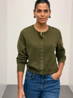 Next - Cardigan ajusté ultra-doux à col rond en laine Vert kaki Outlet