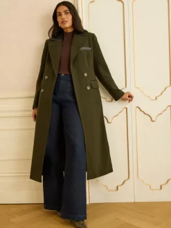 Love & Roses Vert kaki - Manteau long à double boutonnage avec col en similicuir en PU Best