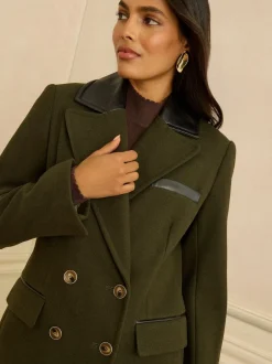 Love & Roses Vert kaki - Manteau long à double boutonnage avec col en similicuir en PU Best