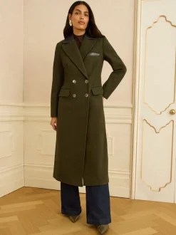 Love & Roses Vert kaki - Manteau long à double boutonnage avec col en similicuir en PU Best