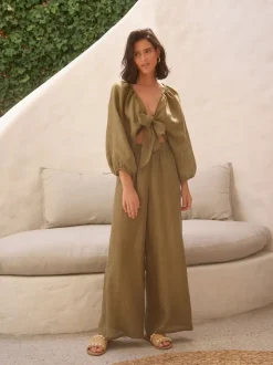 Next Vert kaki - 100{Pantalon à jambes larges Lin Premium Best