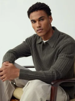 Next Vert kaki - Polo à manches longues en maille côtelée confortable avec laine New