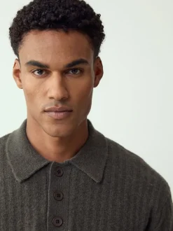 Next Vert kaki - Polo à manches longues en maille côtelée confortable avec laine New