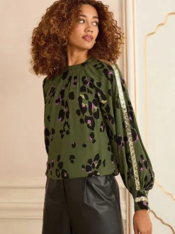 Love & Roses Vert kaki imprimé animal - Chemisier à Manches longues et Sequin à Col rond New