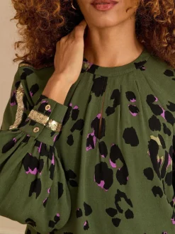 Love & Roses Vert kaki imprimé animal - Chemisier à Manches longues et Sequin à Col rond New