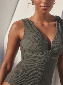 Next - Maillot de bain plongeant et galbant avec contrôle du ventre Vert kaki pailleté Online