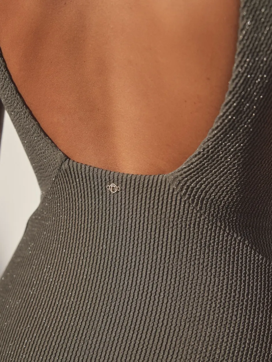 Next - Maillot de bain plongeant et galbant avec contrôle du ventre Vert kaki pailleté Online