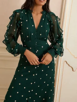 Love & Roses Vert motif cœur - Robe mi-longue brodée à volants Outlet