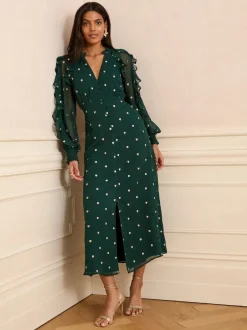 Love & Roses Vert motif cœur - Robe mi-longue brodée à volants Outlet