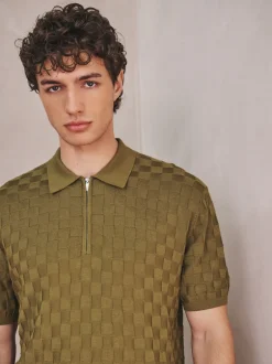 Next Vert olive - Polo N. Premium Coupe classique en maille à manches courtes et col zippé à damiers Online