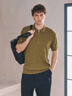 Next Vert olive - Polo N. Premium Coupe classique en maille à manches courtes et col zippé à damiers Online