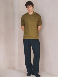 Next Vert olive - Polo N. Premium Coupe classique en maille à manches courtes et col zippé à damiers Online