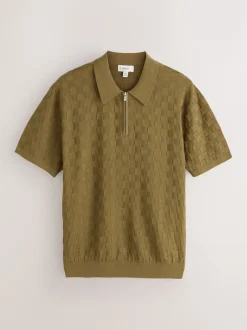 Next Vert olive - Polo N. Premium Coupe classique en maille à manches courtes et col zippé à damiers Online
