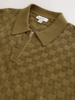Next Vert olive - Polo N. Premium Coupe classique en maille à manches courtes et col zippé à damiers Online