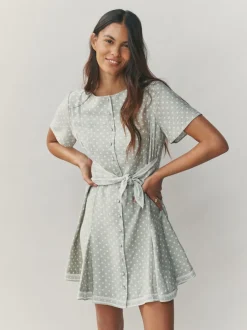 Next Vert sauge à pois - Robe mini-robe à taille nouée Outlet