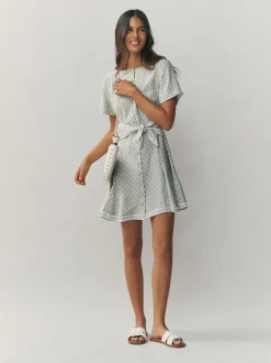 Next Vert sauge à pois - Robe mini-robe à taille nouée Outlet