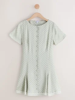 Next Vert sauge à pois - Robe mini-robe à taille nouée Outlet