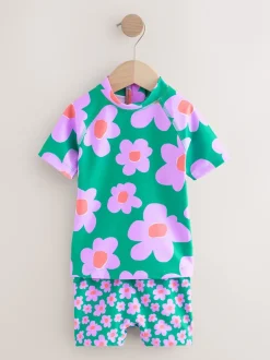 Next Vert Stampy Floral - Ensemble de bain Sunsafe à manches courtes (3mois à10ans) Sale