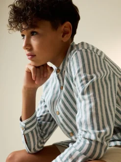 Next - Chemise à manches longues Grandad Collar Lin Mix (3-16yrs) Vert/Écru Rayure Outlet