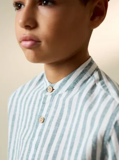 Next - Chemise à manches longues Grandad Collar Lin Mix (3-16yrs) Vert/Écru Rayure Outlet