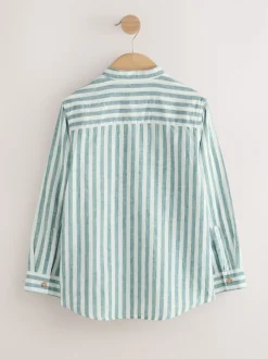 Next - Chemise à manches longues Grandad Collar Lin Mix (3-16yrs) Vert/Écru Rayure Outlet