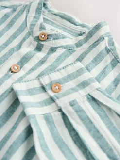 Next - Chemise à manches longues Grandad Collar Lin Mix (3-16yrs) Vert/Écru Rayure Outlet