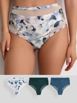 Next Vert/marine/bleu marine imprimé - Mesh Trim Taille haute High Leg Knickers 3 Lot New