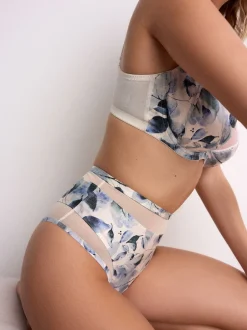 Next Vert/marine/bleu marine imprimé - Mesh Trim Taille haute High Leg Knickers 3 Lot New