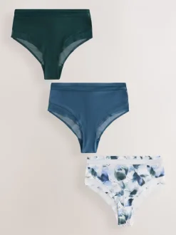 Next Vert/marine/bleu marine imprimé - Mesh Trim Taille haute High Leg Knickers 3 Lot New