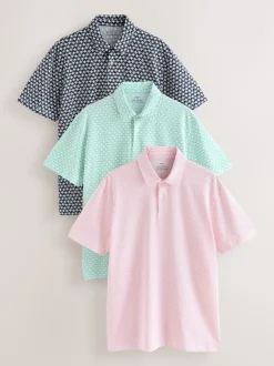 Next - Polo en jersey Manches courtes 3 Pack Vert/Rose/Marine géométriques Online