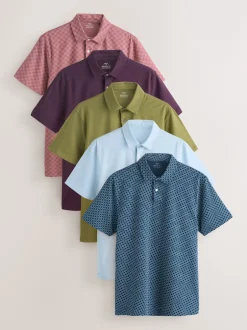 Next - Ajustement régulier - Polo en jersey Manches courtes 5 Pack Vert/violet/bleu géométrique Sale