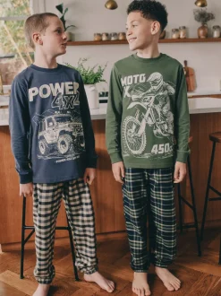 Next - Lot de 2 pyjamas en tissu à carreaux à manches longues (3-16ans) Véhicule bleu/vert Discount